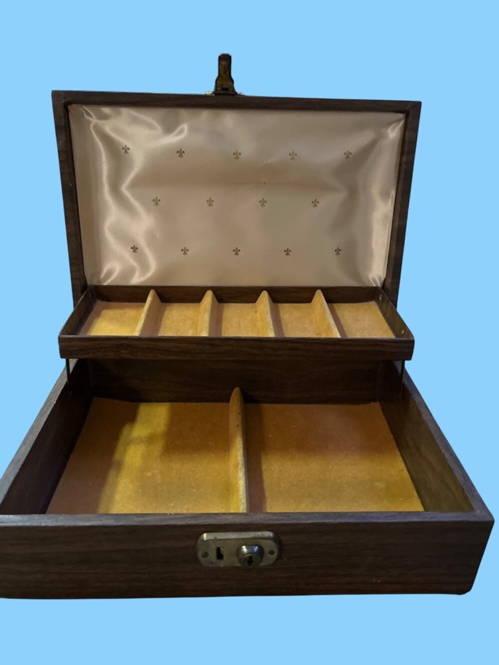 Vintage 1960s Cantilever Jewelry Box - Mid-Century Modern Used Faux Wood Finish